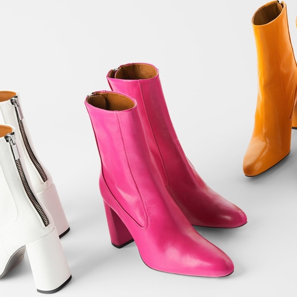 Zara Leather Heeled Ankle Boots w/ Narrow Shaft Pink Color Block NEW. - Picture 2 of 8